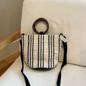 New Black And Tan Stripe Bucket Bag with Ring Handles